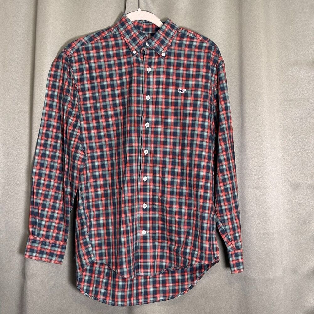 Vineyard Vines Whale Shirt Mens Small Green Orange Plaid Whale Logo Button Up
